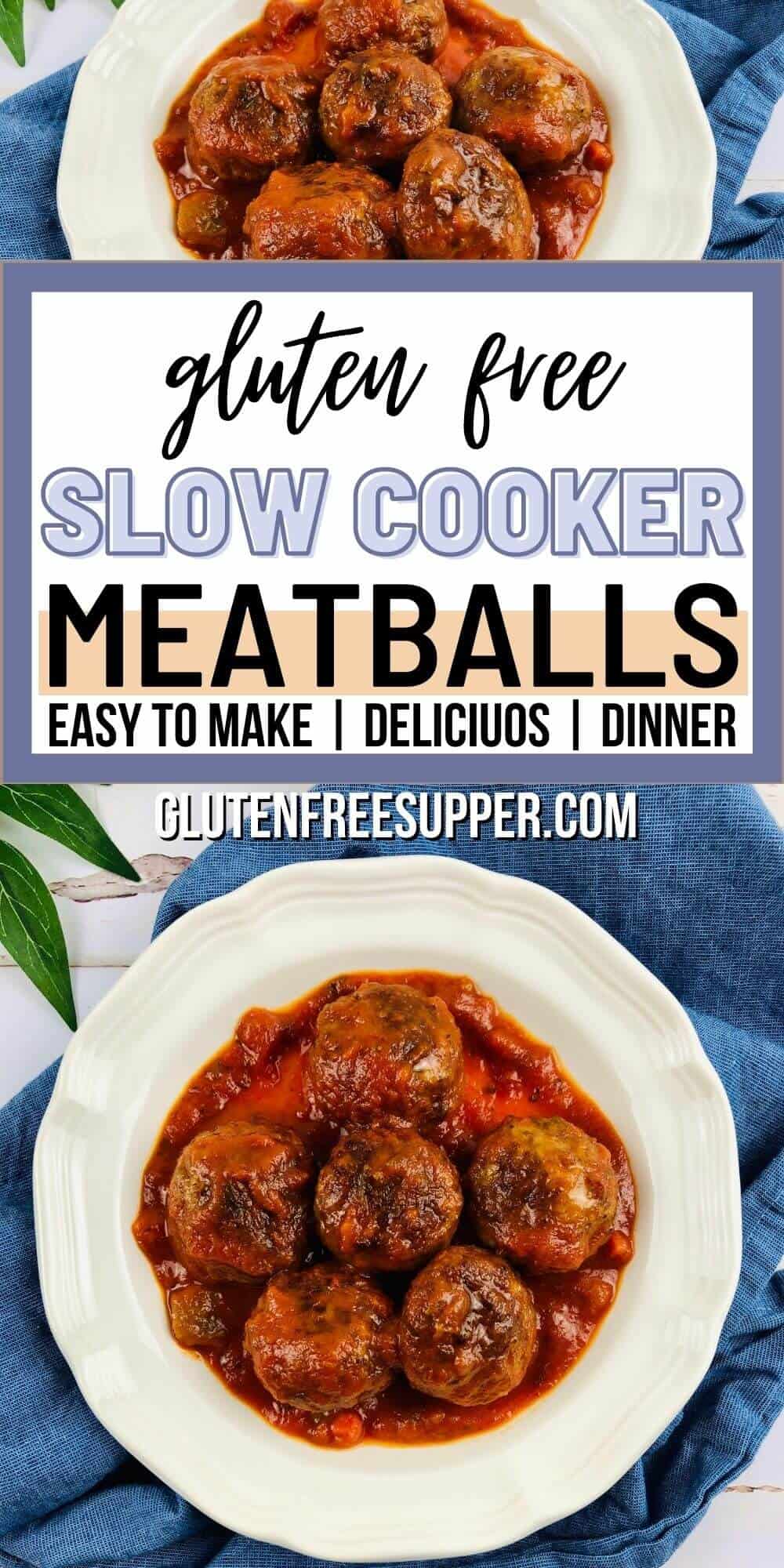 styled pinterest image with photos of gluten free meatballs on plates