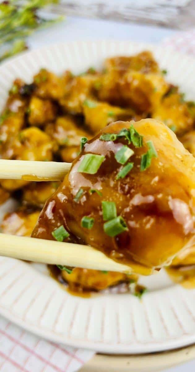 close up of gluten free chinese food held with chopsicks
