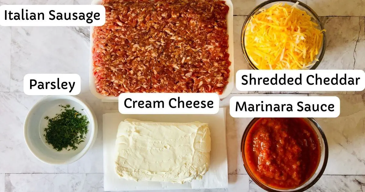 ingredients for gluten free sausage balls in bowls with labels.