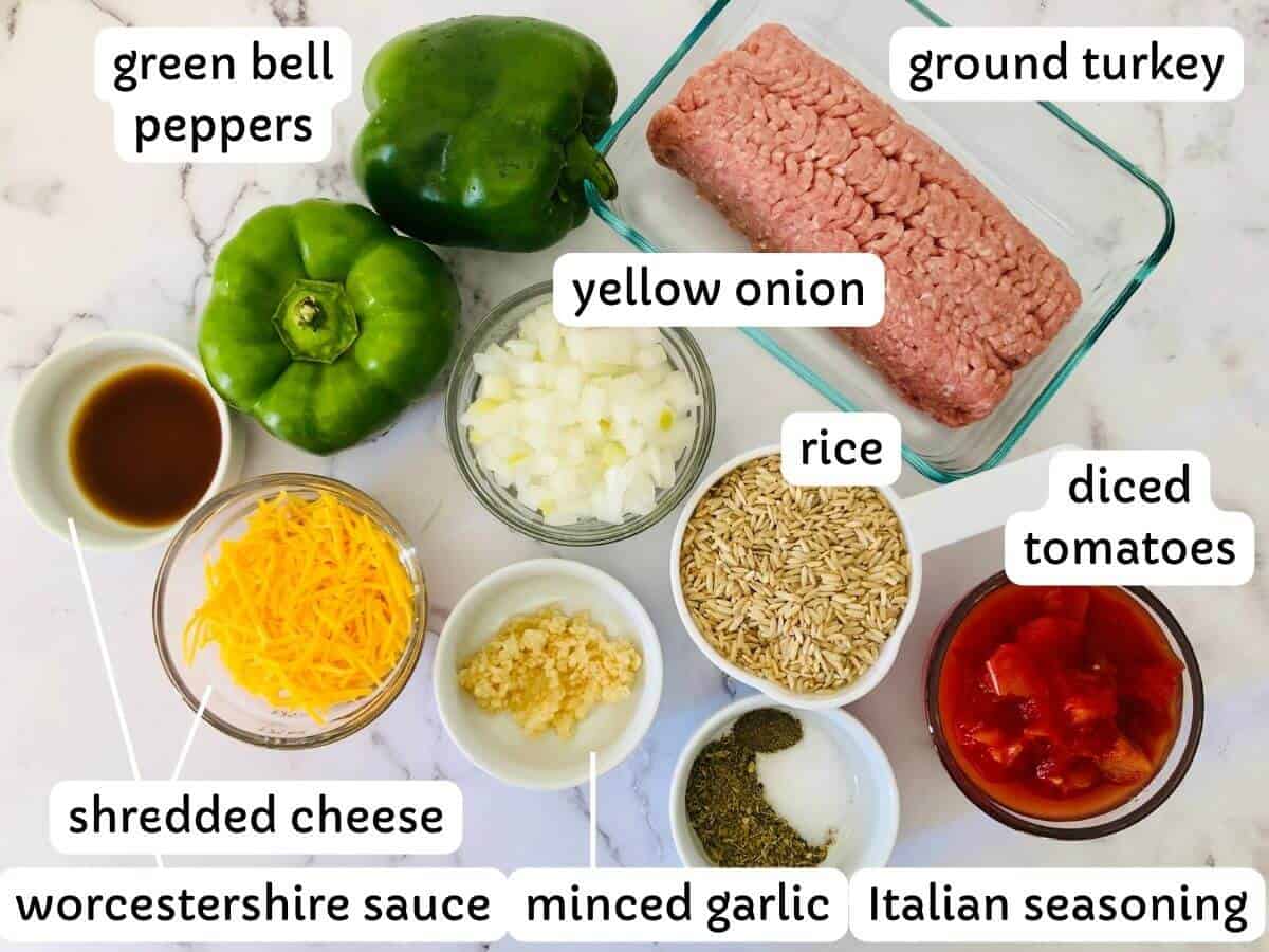 ingredients for air fryer stuffed peppers in bowls with ingredient label text.