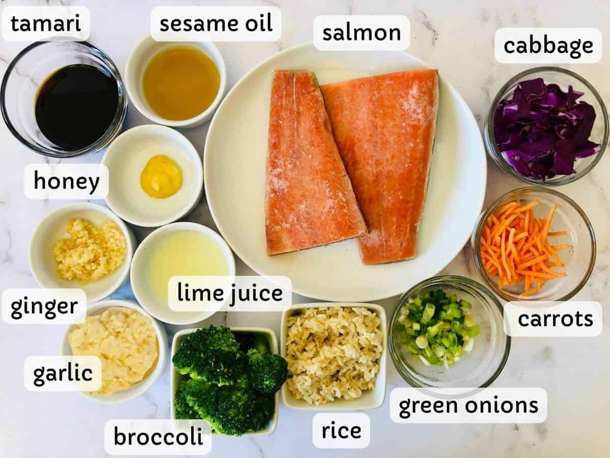 ingredients in bowls with labels for a Teriyaki Salmon Bowl recipe.