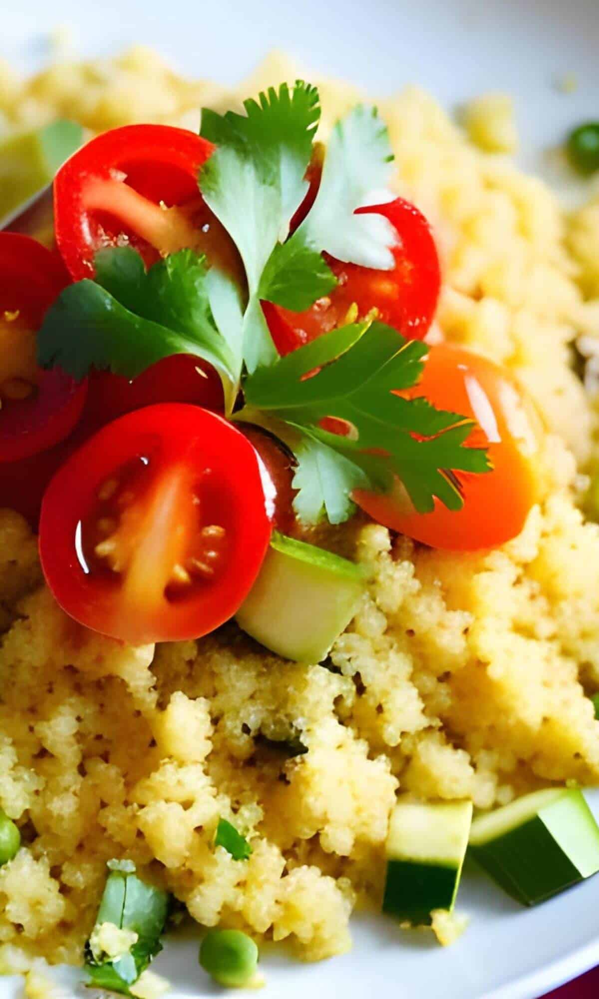 A close up view of couscous with tomatos and herbs on top.