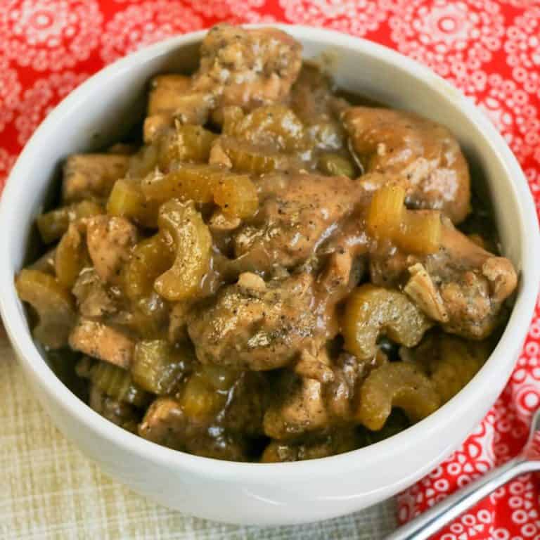 panda express black pepper chicken in a white bowl.