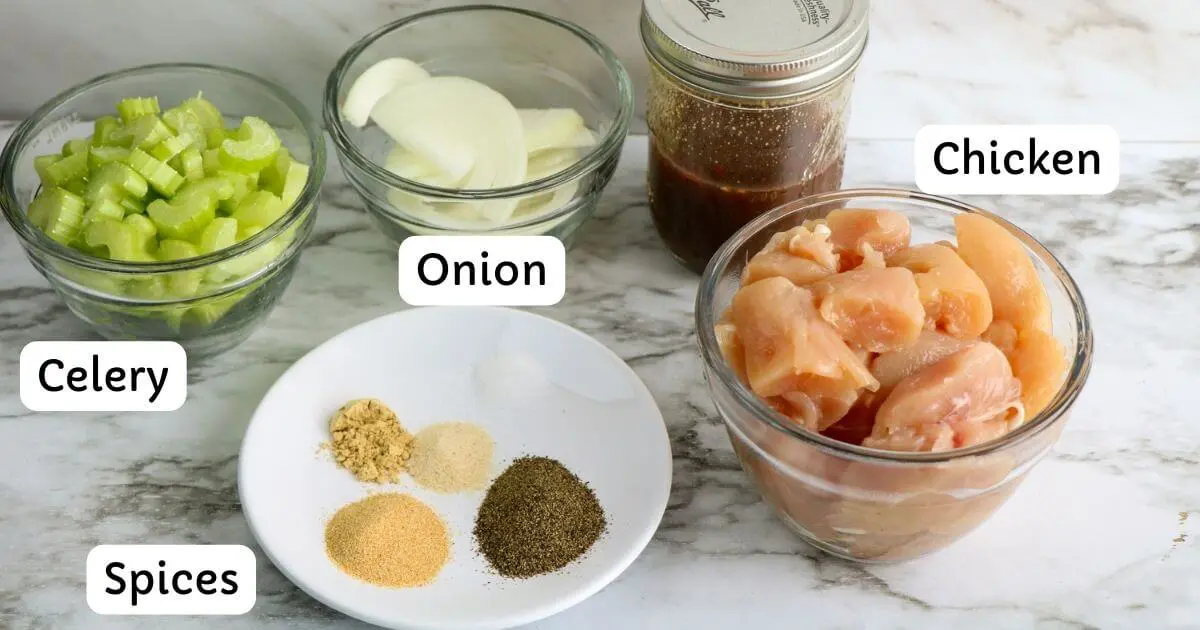 Ingredients for Panda Express Black Pepper Chicken in bowls with labels.