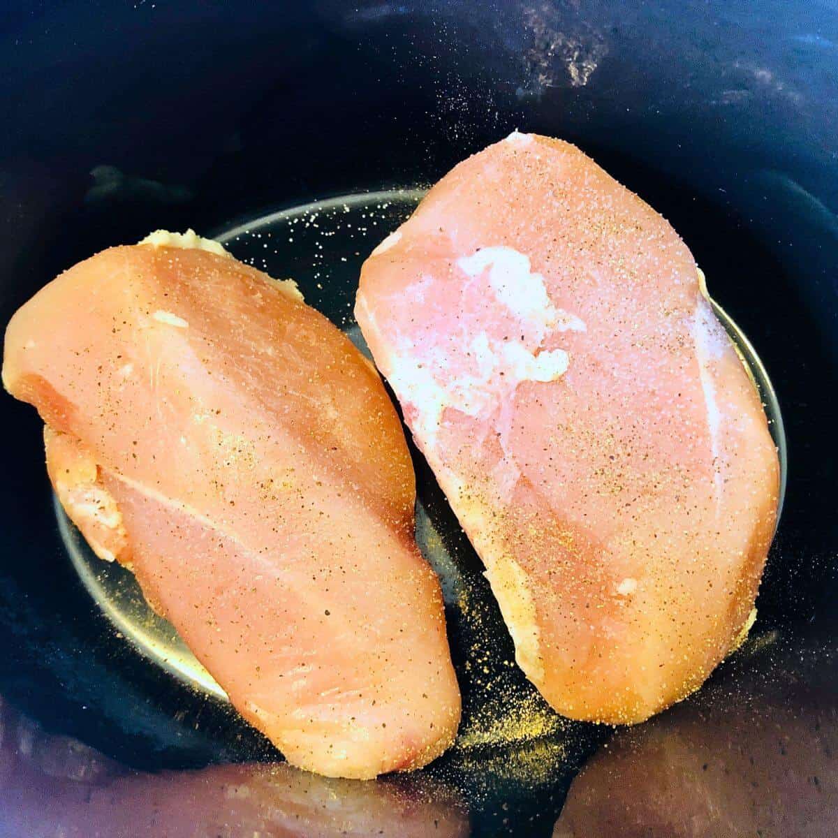Two chicken breasts in the bottom of a black slow cooker.