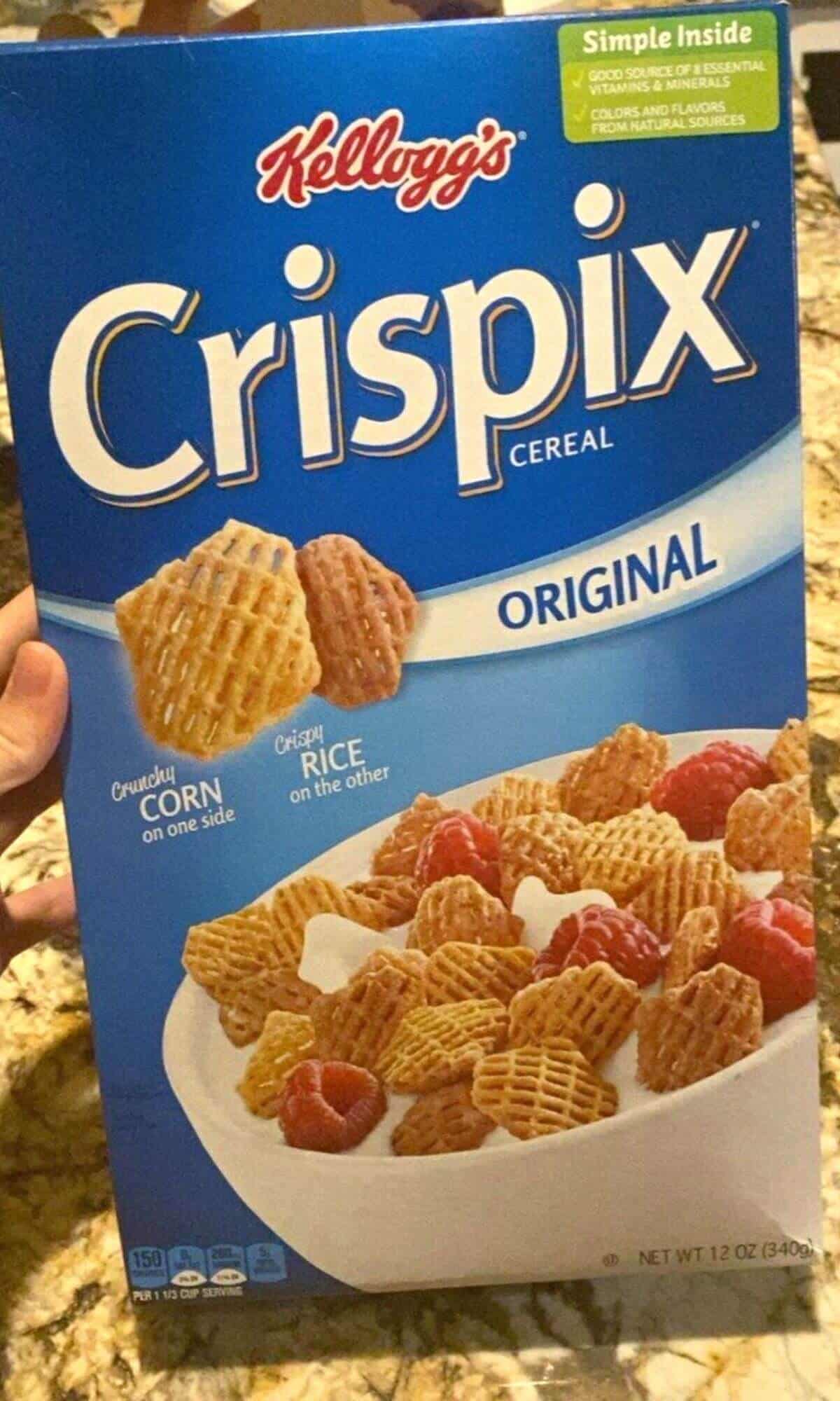 Close up of a box of Crispix cereal.