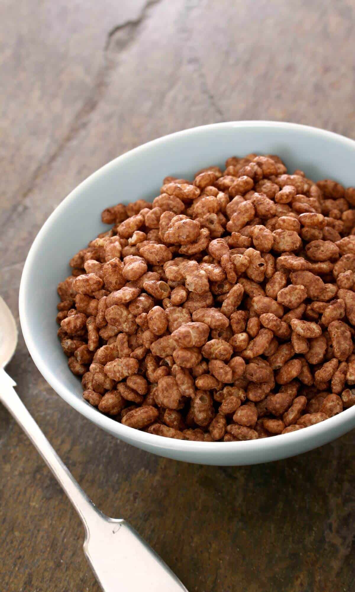 A white bowl filled with cocoa pebbles cereal next to a spoon.