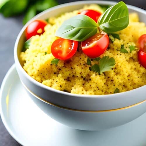 A white bowl full of yellow couscous with tomatoes and herbs on top.