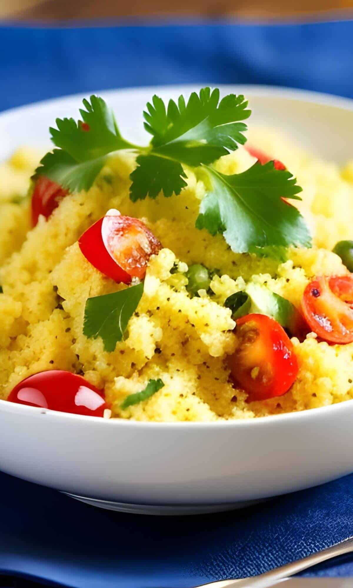 A white bowl full of couscous with tomatoes and herbs on top.