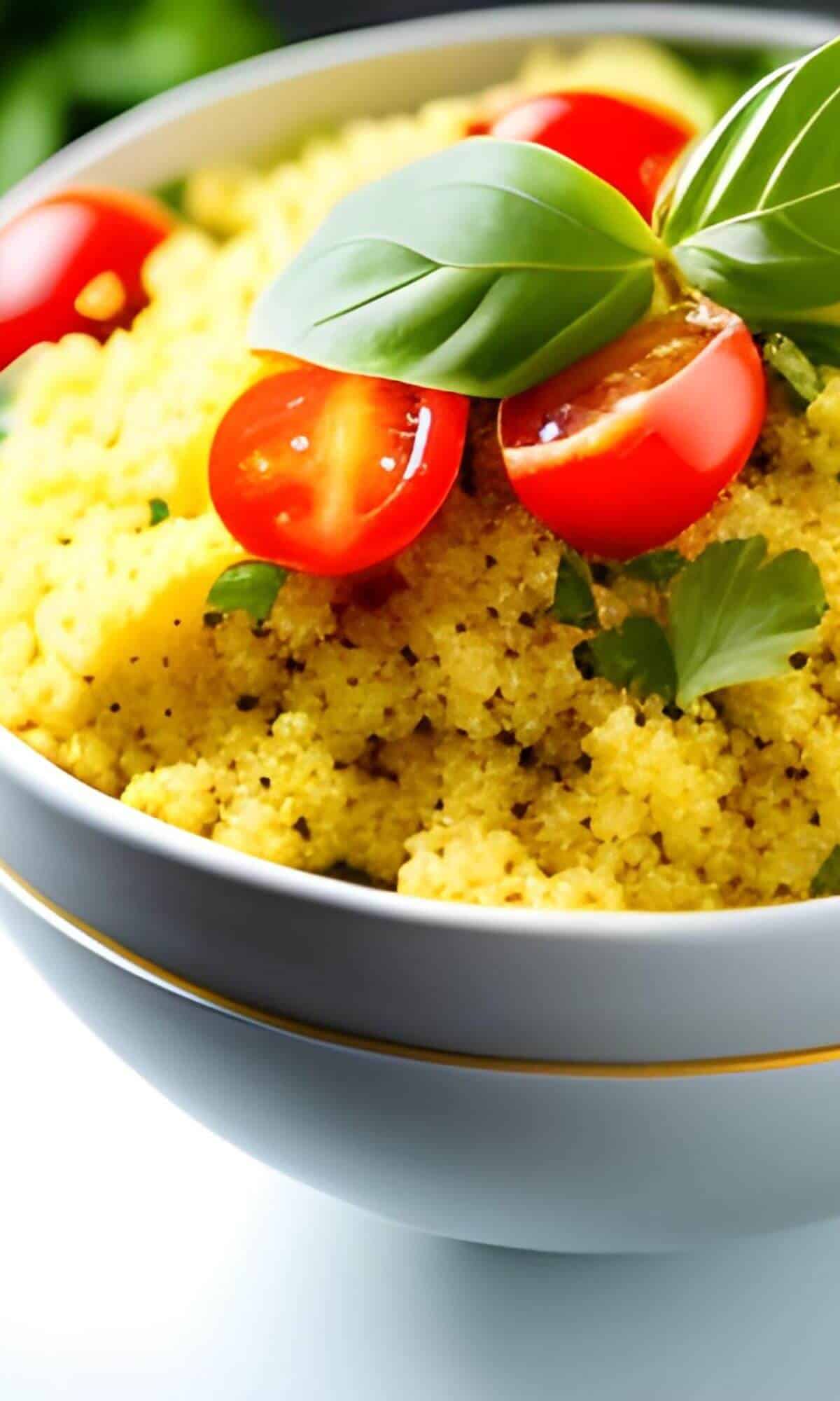 A white bowl full of yellow couscous with tomatoes and herbs on top.