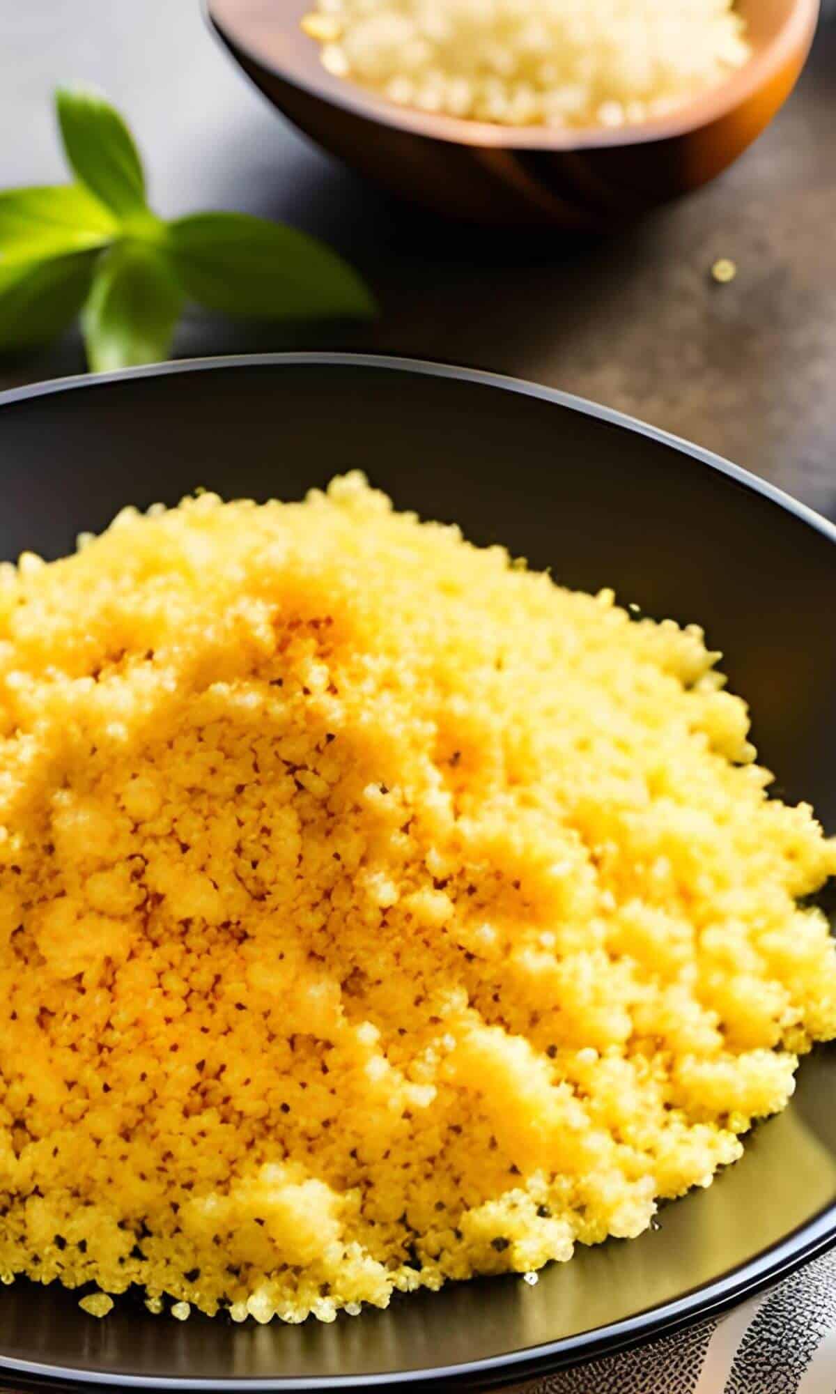 A plate full of yellow couscous.