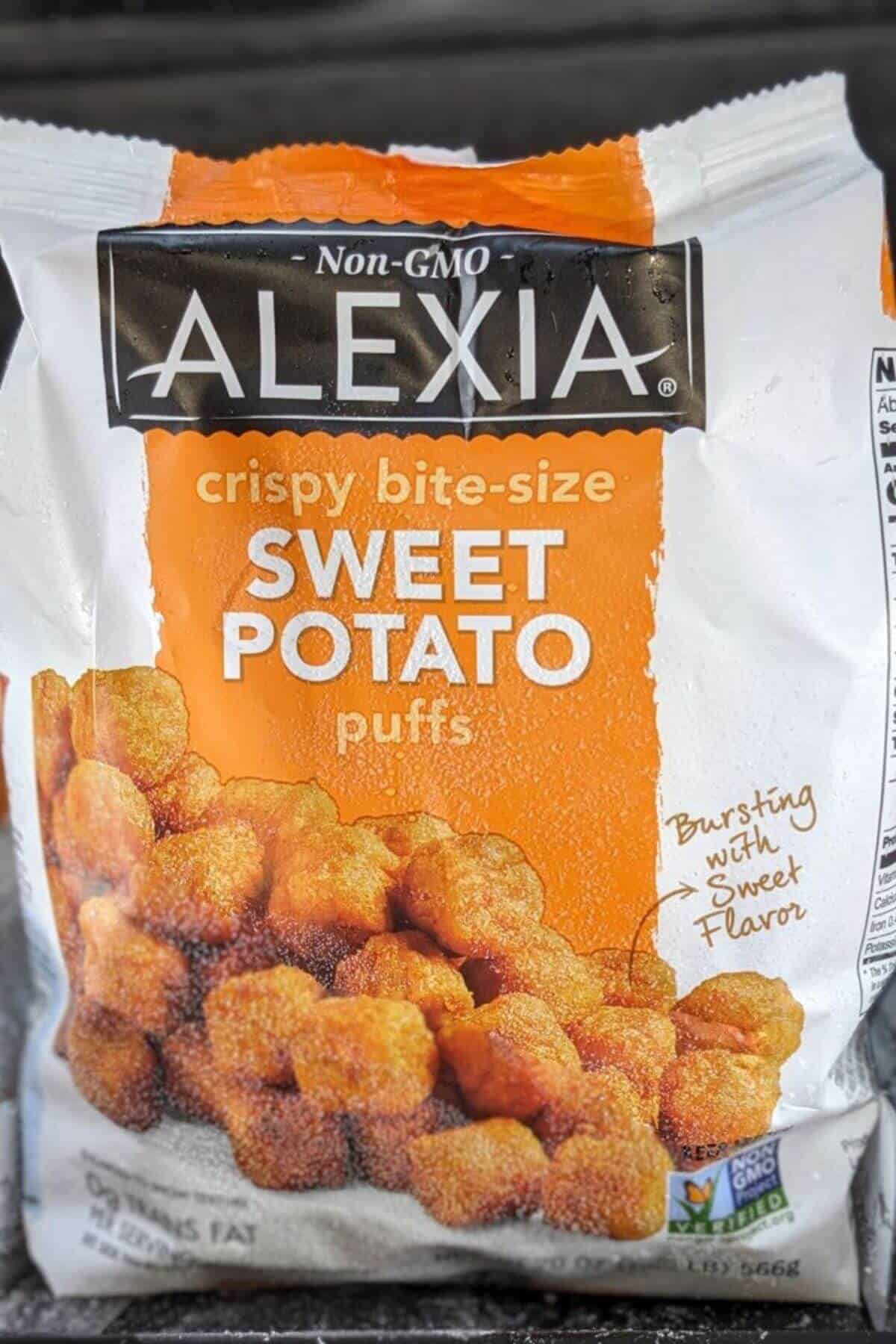 A bag of frozen Alexia sweet potato puffs.