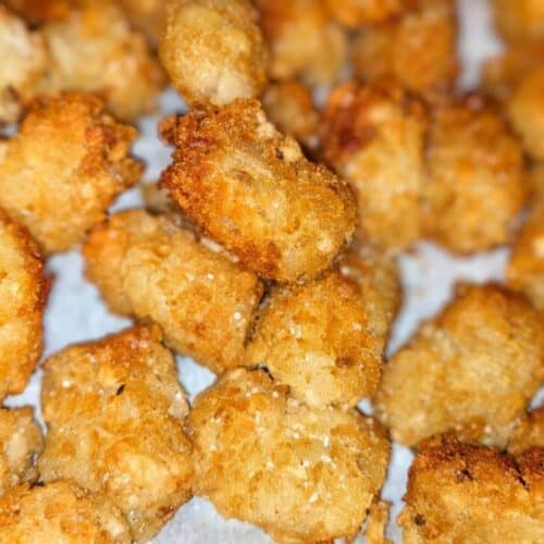 Cooked, golden brown, and crispy tator tots.
