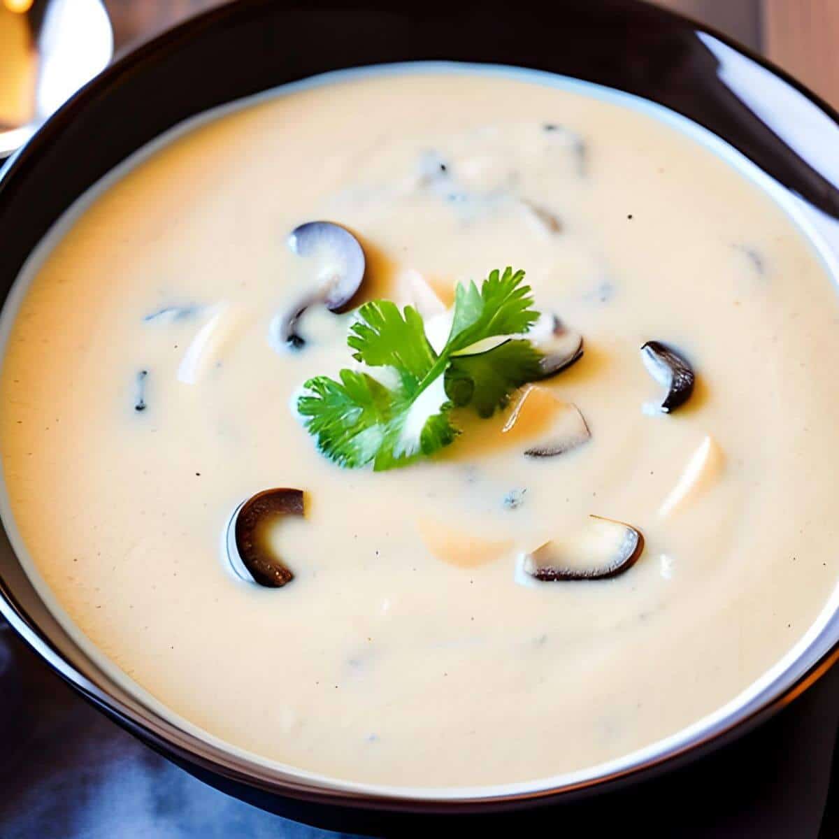 A black bowl full of cream of mushroom soup.