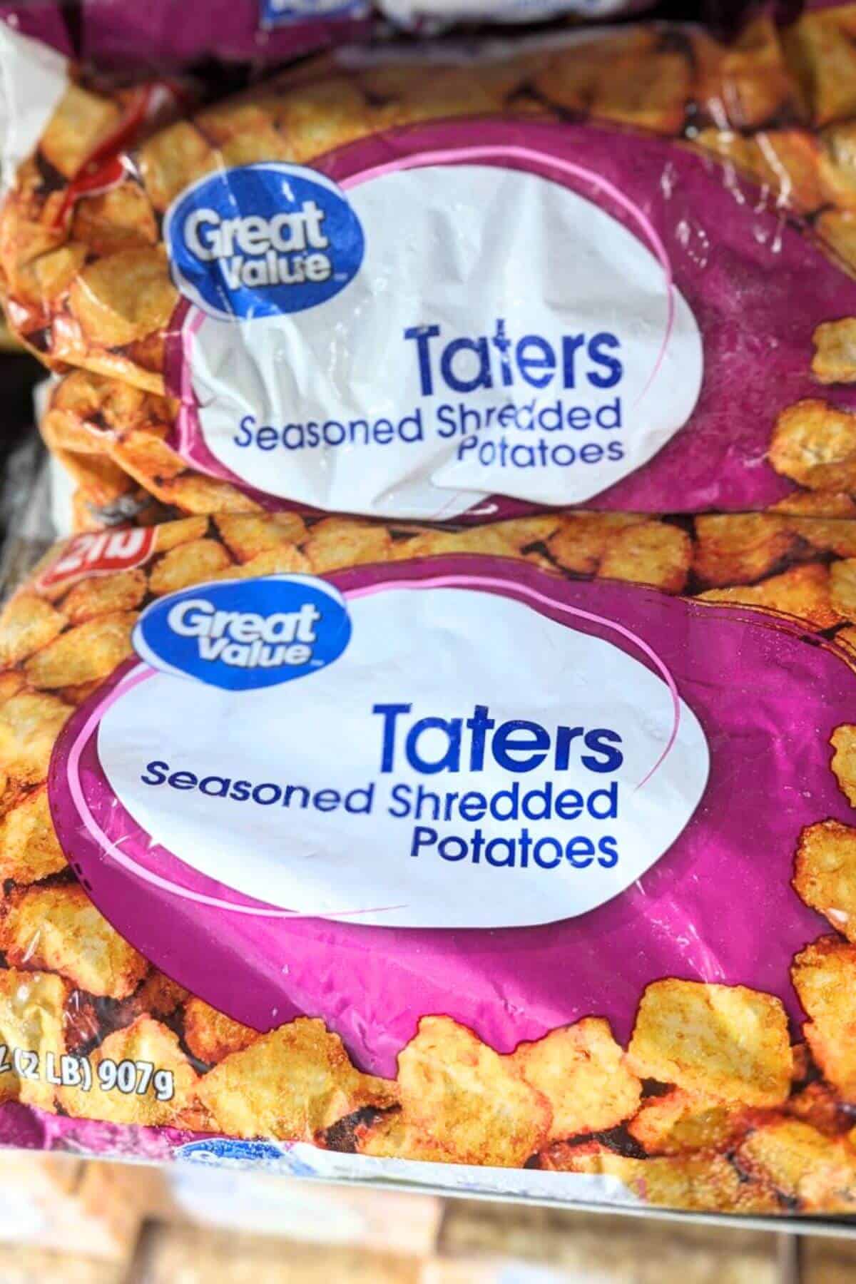 Two bags of frozen great value tater tots.