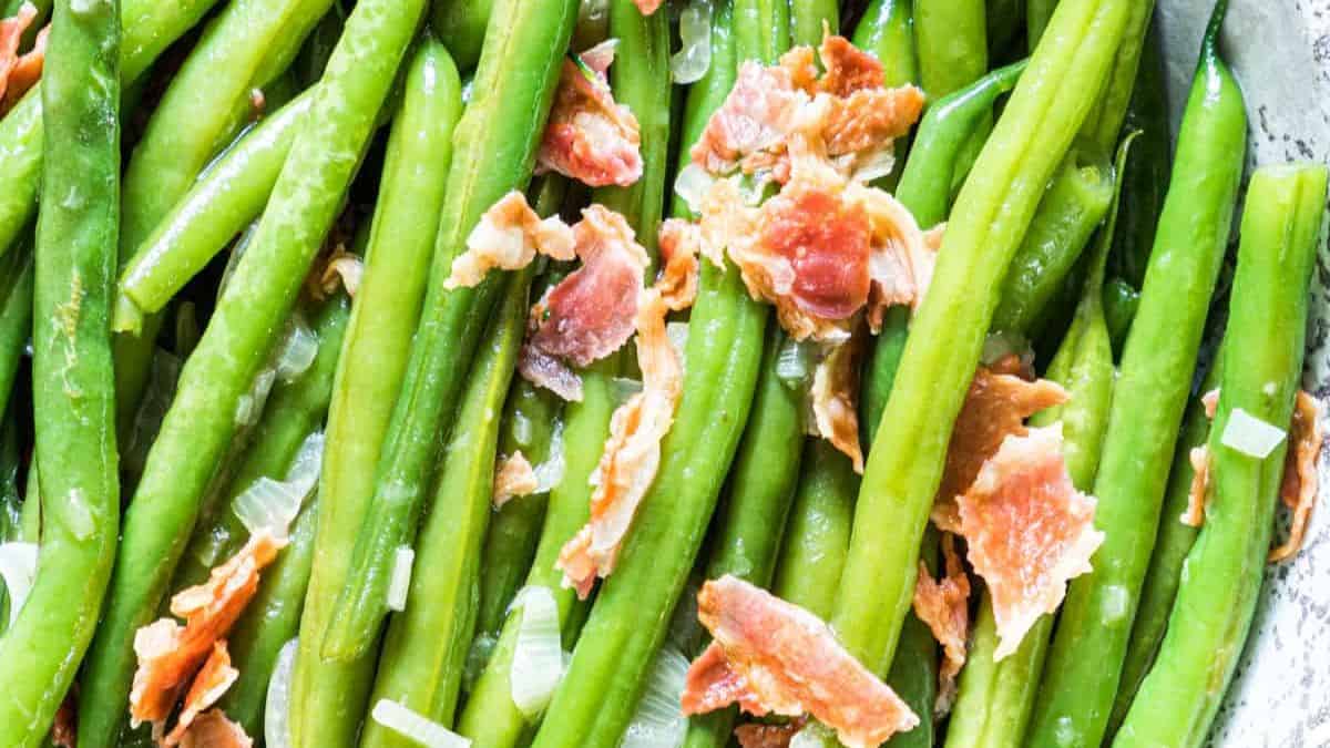 Smothered green beans with bacon.