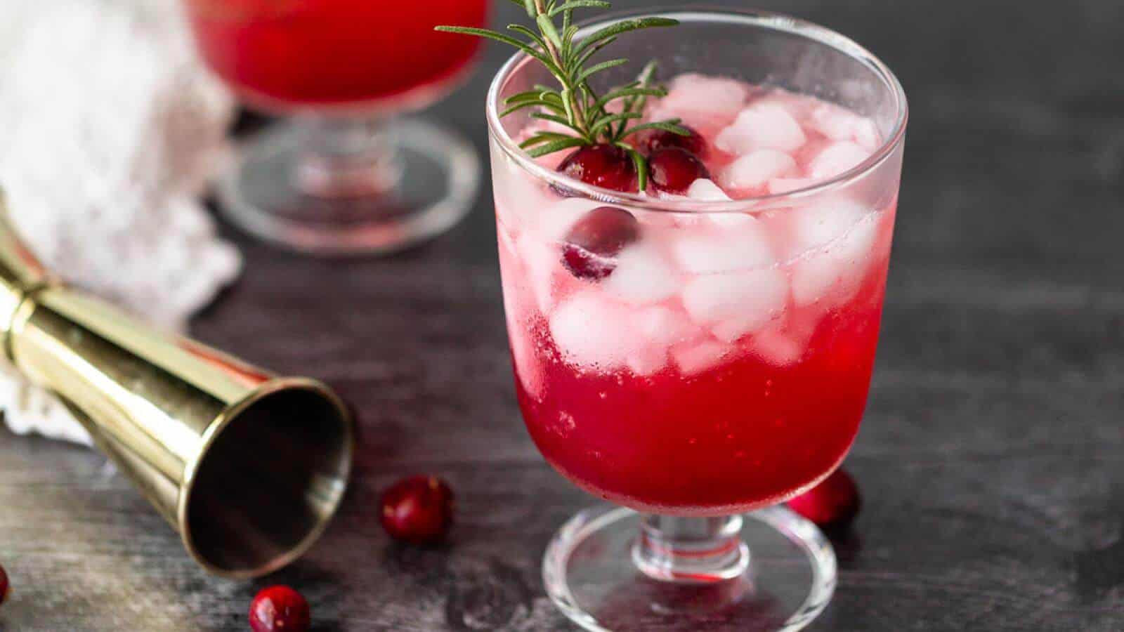 Cranberry mocktail in a glass with cranberries.