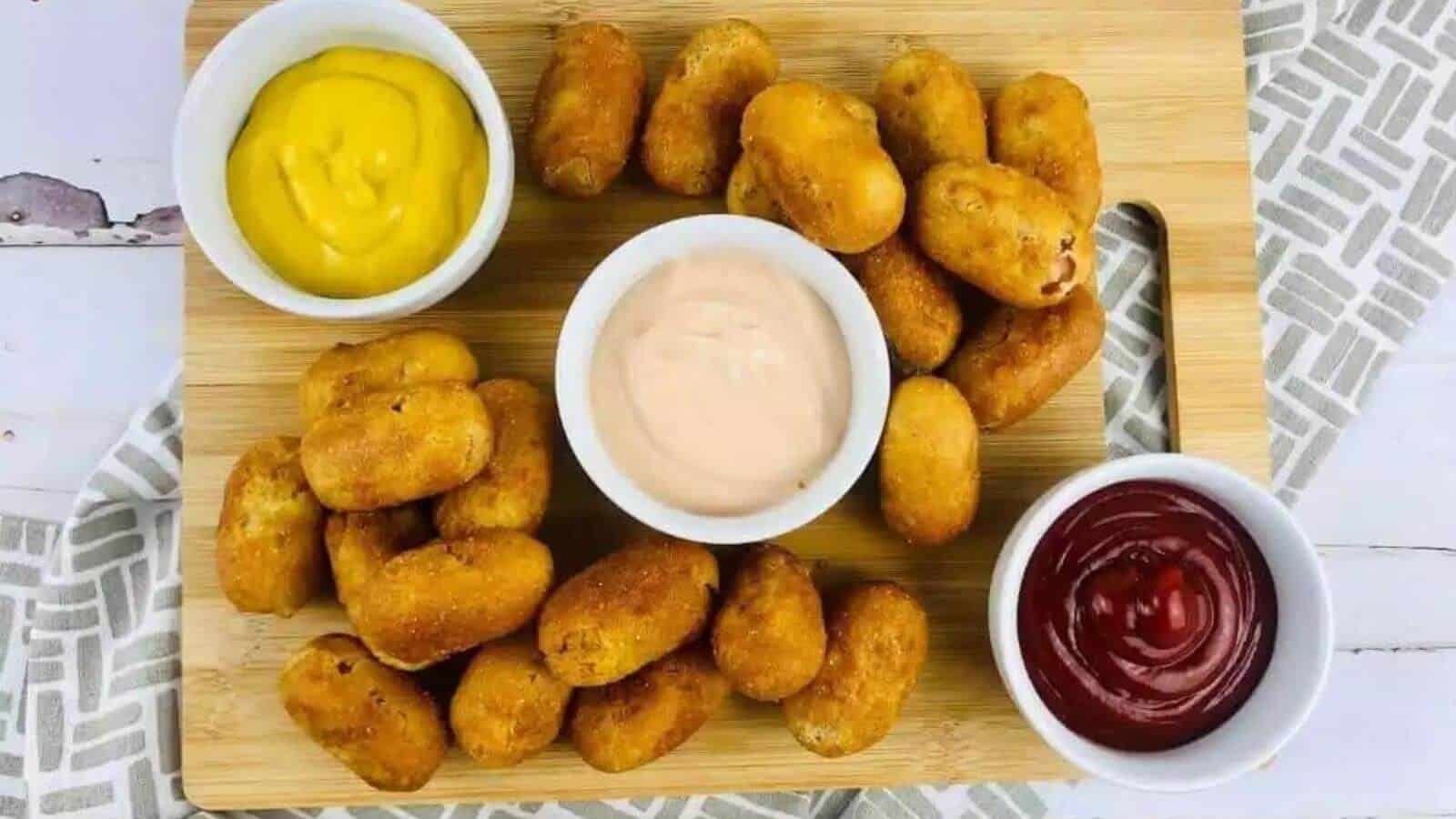 Gluten free corn dogs on a board with dipping sauces.