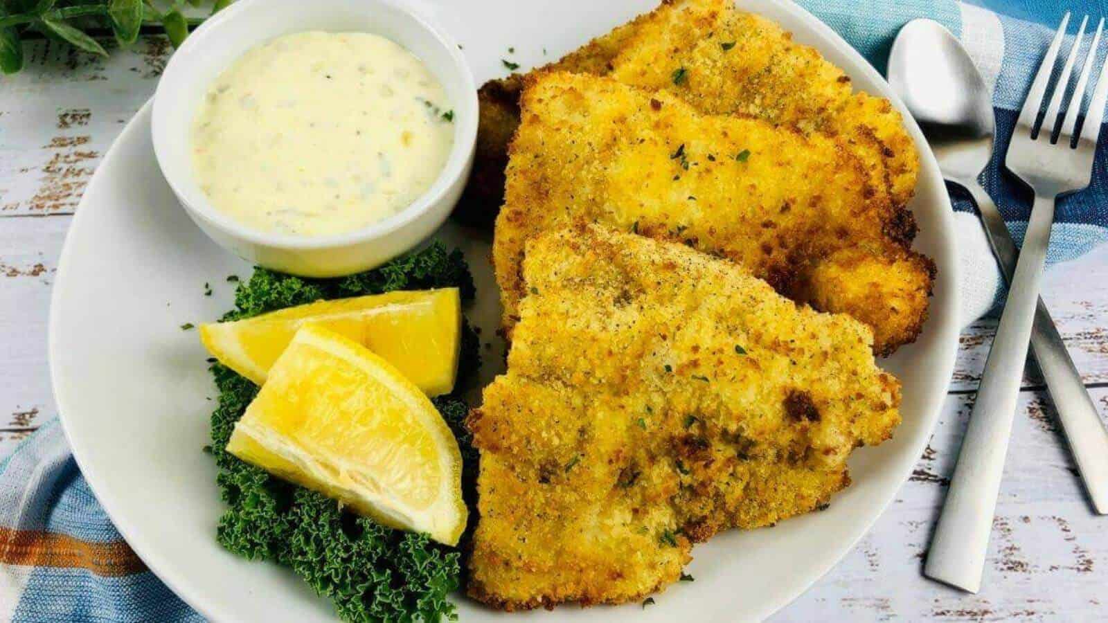 Crispy air fryer catfish on a plate with lemon wedges and dipping sauce.