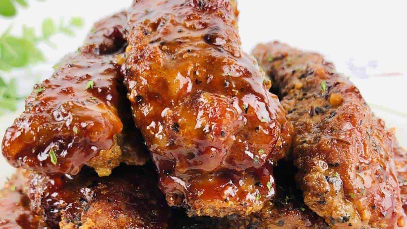 Pork ribs covered in barbecue sauce on a plate.