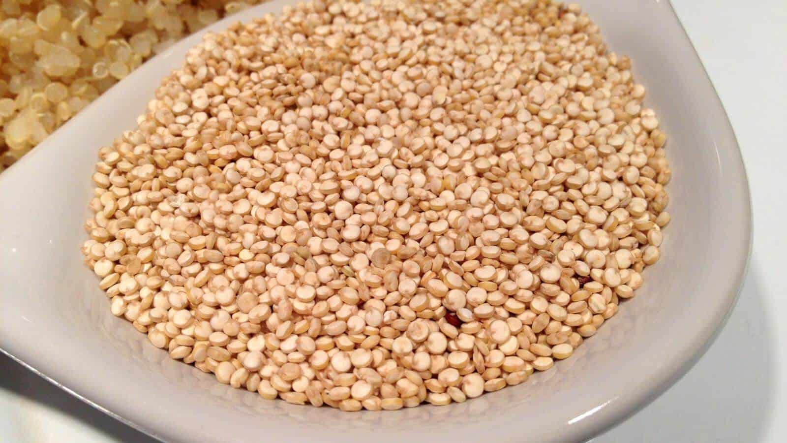 A big bowl filled with uncooked quinoa.