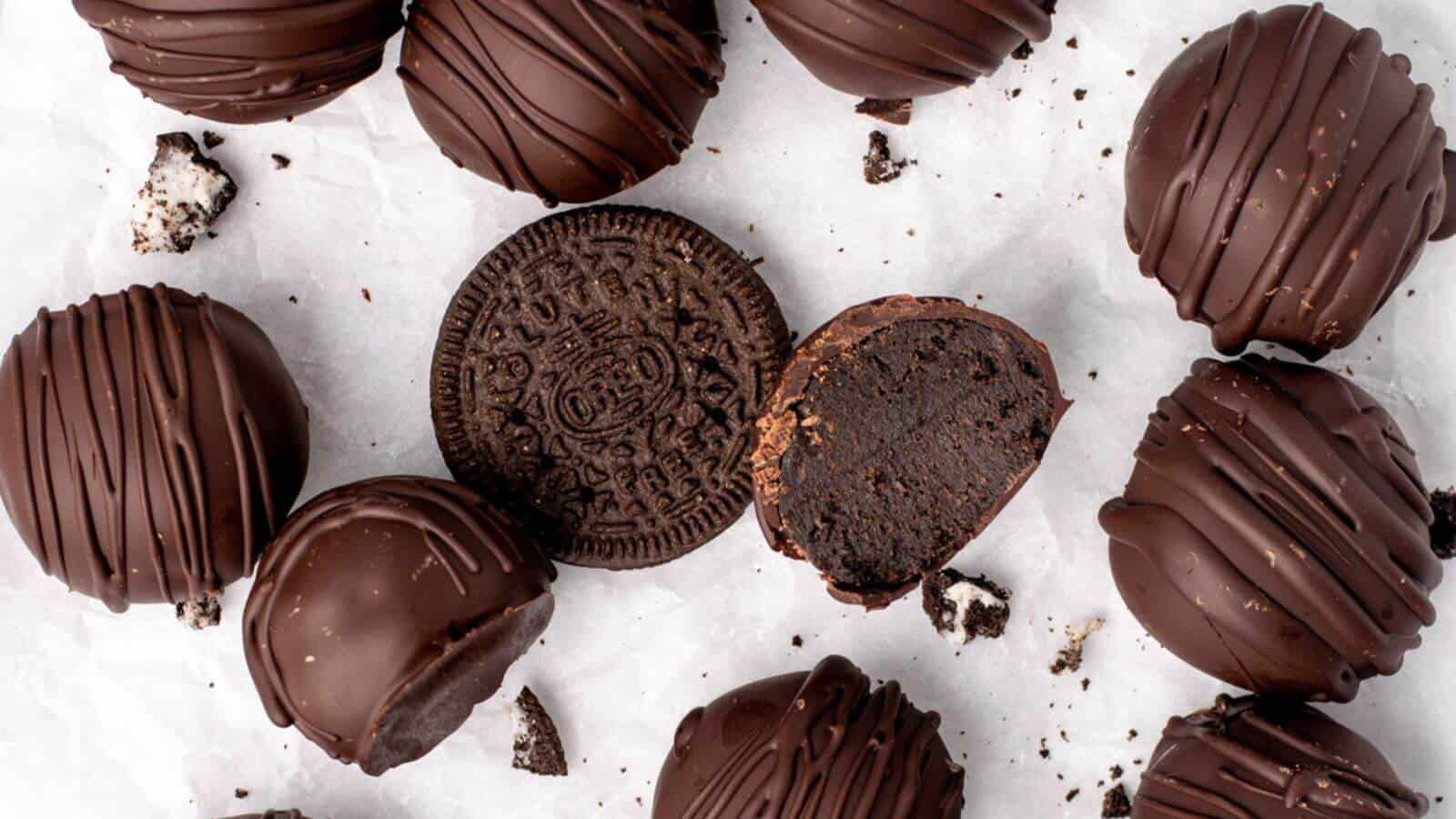Oreo truffles laid out on a counter.