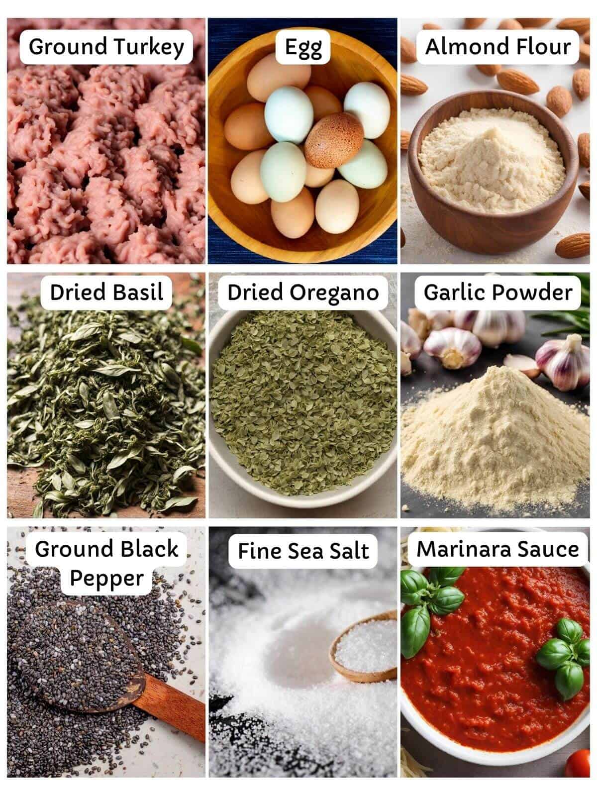 A collage of photos of ingredients for making gluten free meatballs.