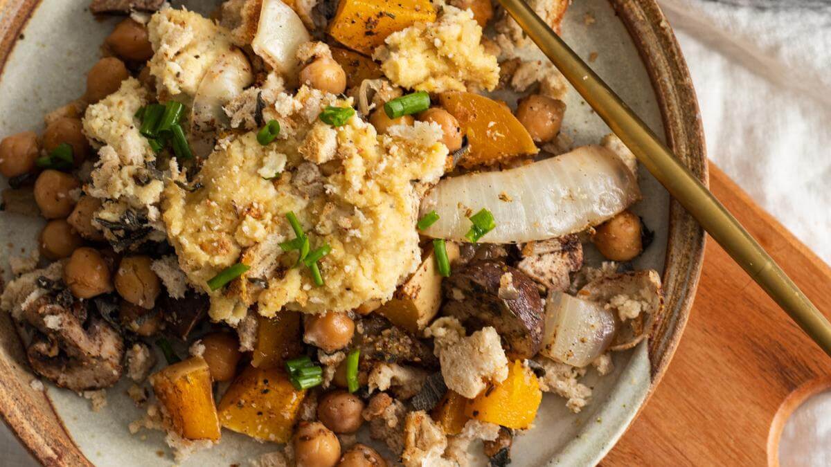 Butternut squash and chickpea casserole on a plate.