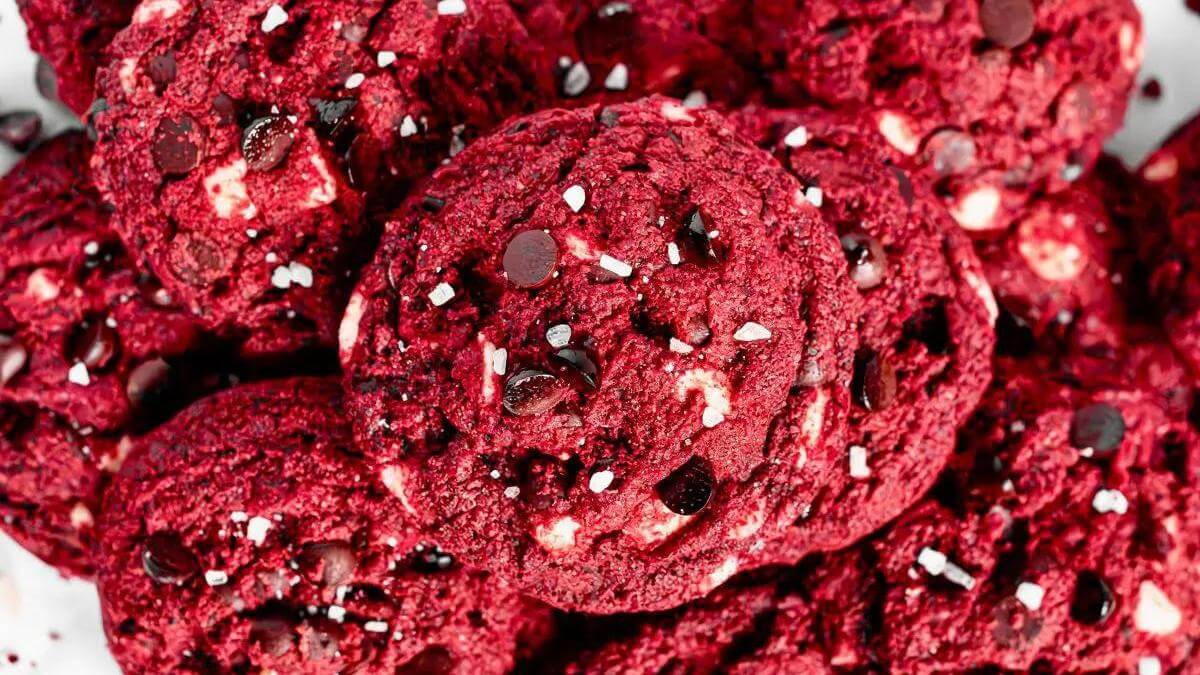 Red velevet cookies with chocolate chips.