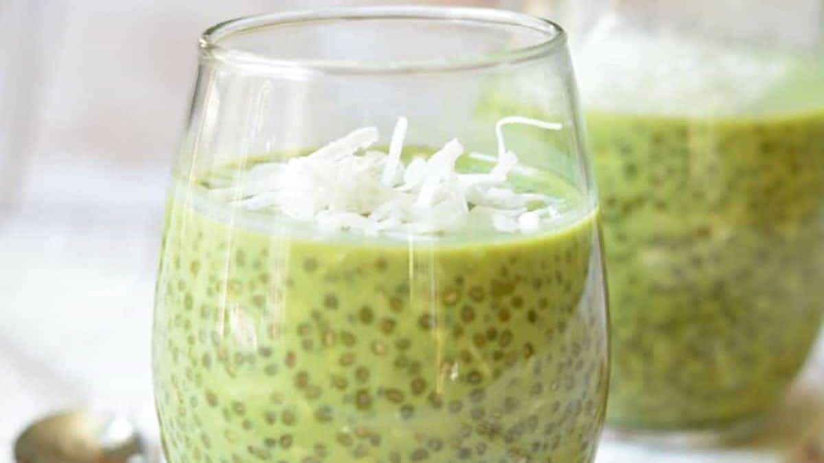 Green matcha chia seed pudding in a glass.