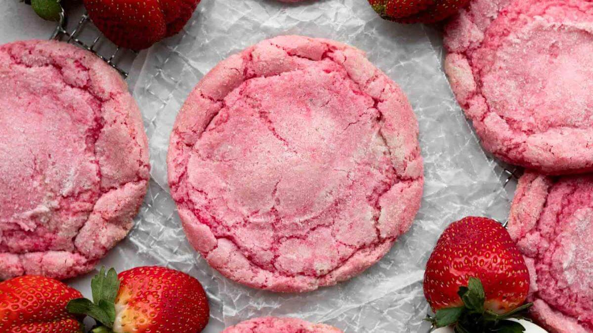 Strawberry sugar cookies with whole strawberries.