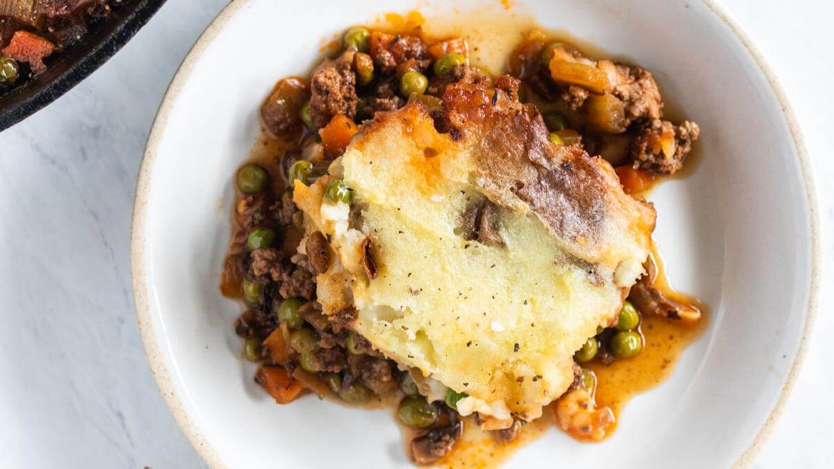 Shepards pie on a plate.
