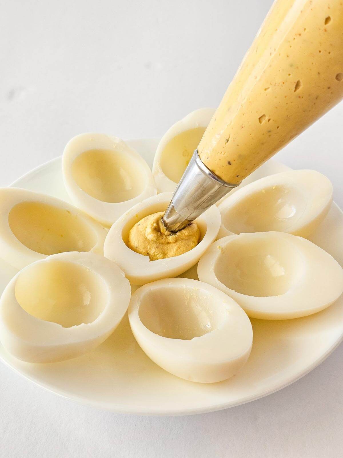 Deviled egg filling piped into hollowed out hard boiled eggs.