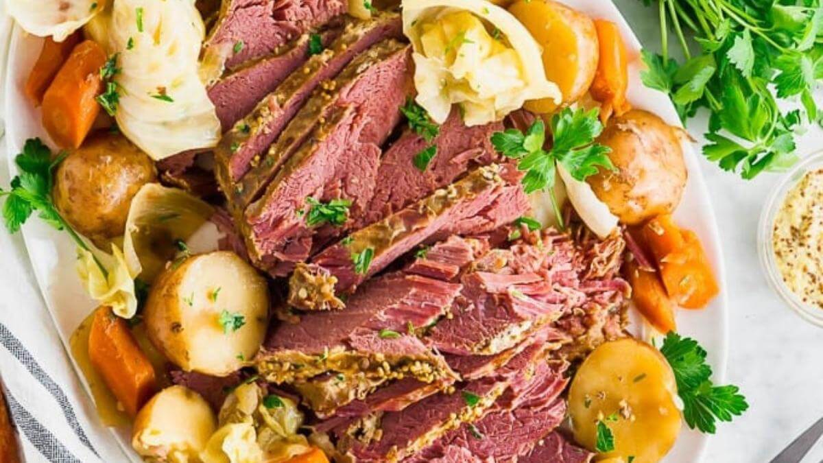 Sliced corned beef on a platter with veggies.