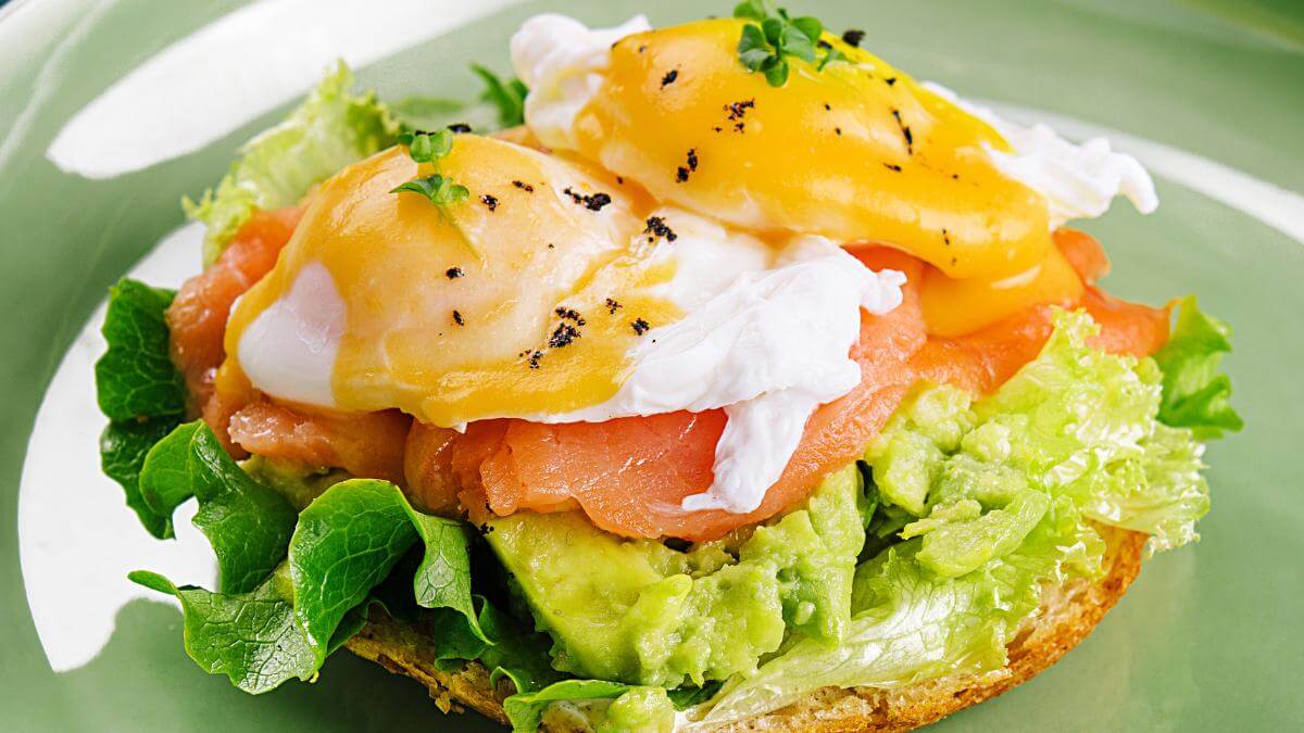 Avocado toast with salmon and egg.