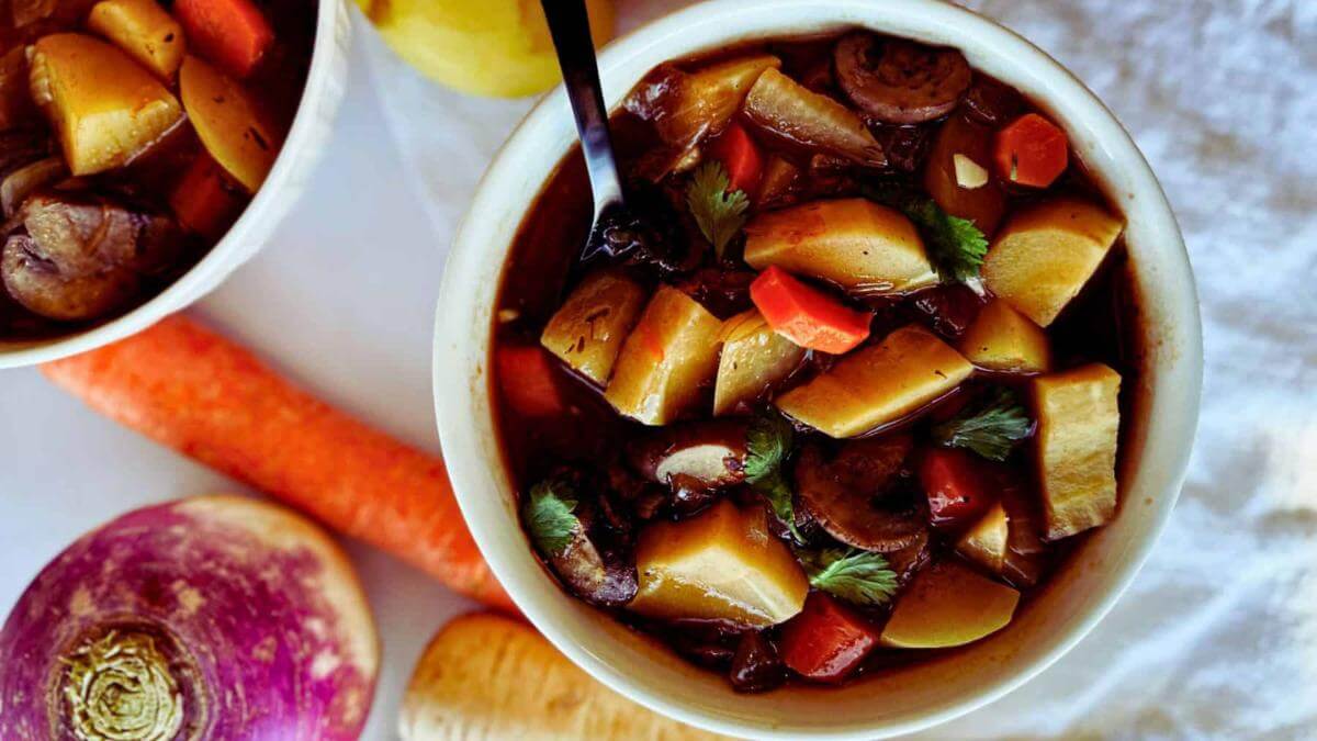 A bowl of vegan Irish stew.