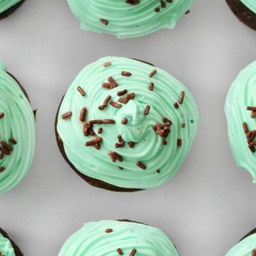 Chocolate mint cupcakes with green frosting.
