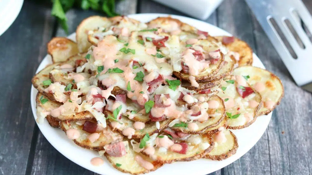 Rueben nachos on a plate.