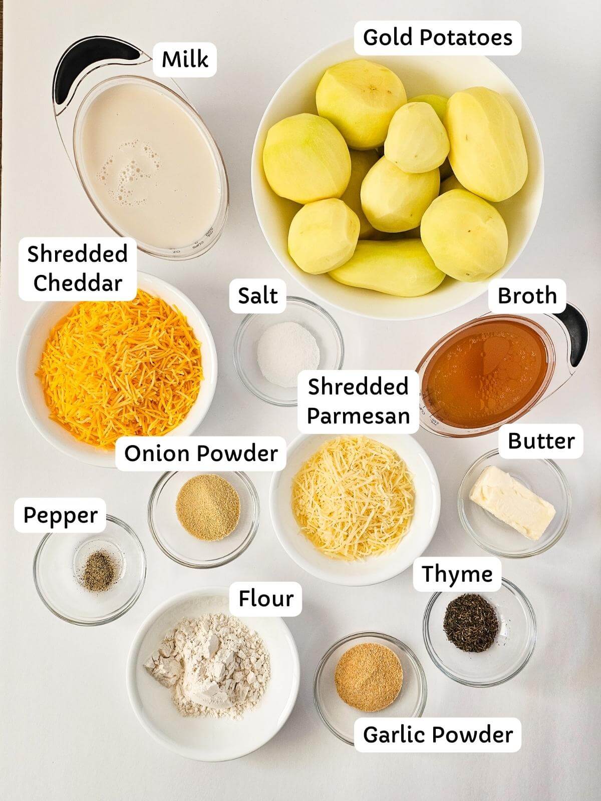 Labeled ingredients for making gluten free scalloped potatoes.