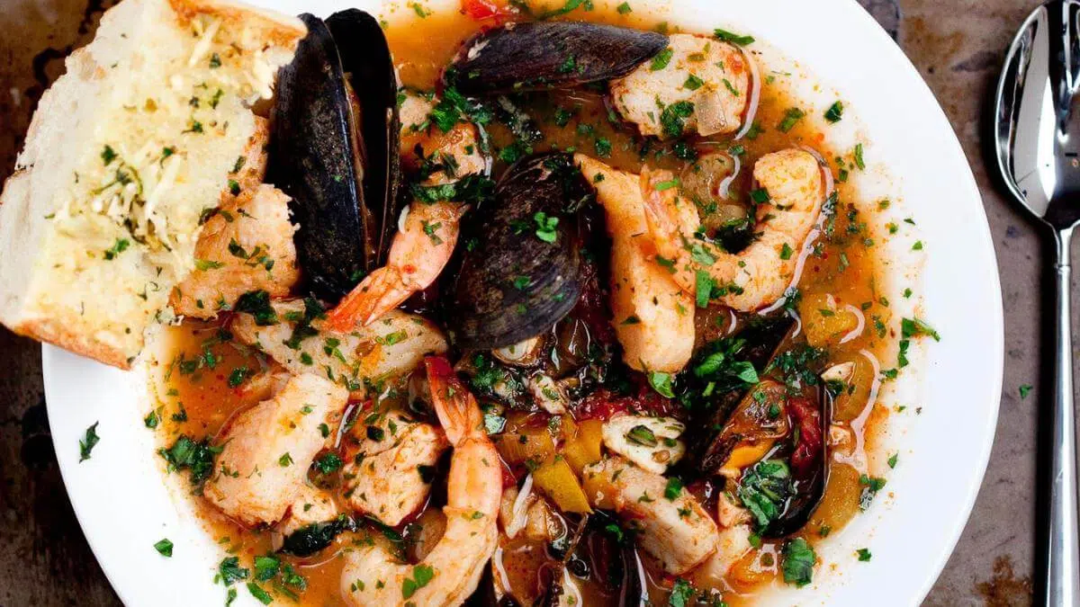 Cioppino stew in a bowl.