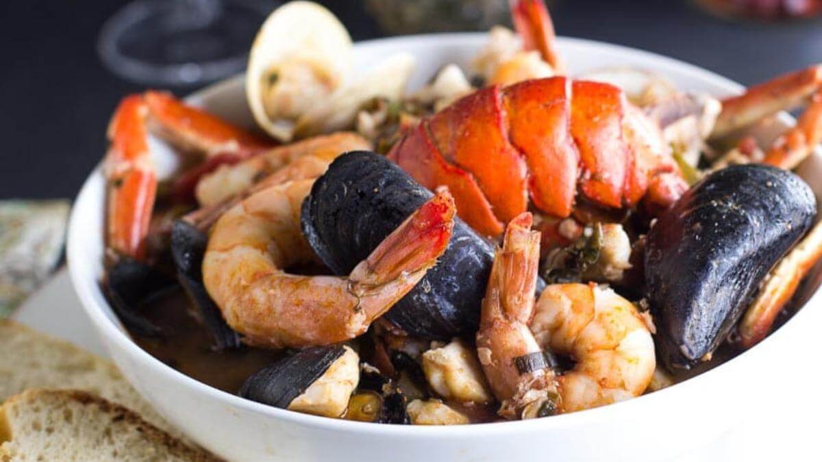 Cioppino stew in a bowl.
