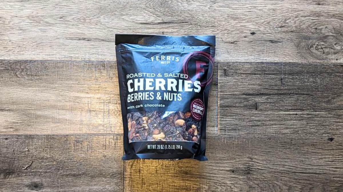 A bag of Ferris Nut Co. Cherries Chocolate and Nuts Trail Mix.