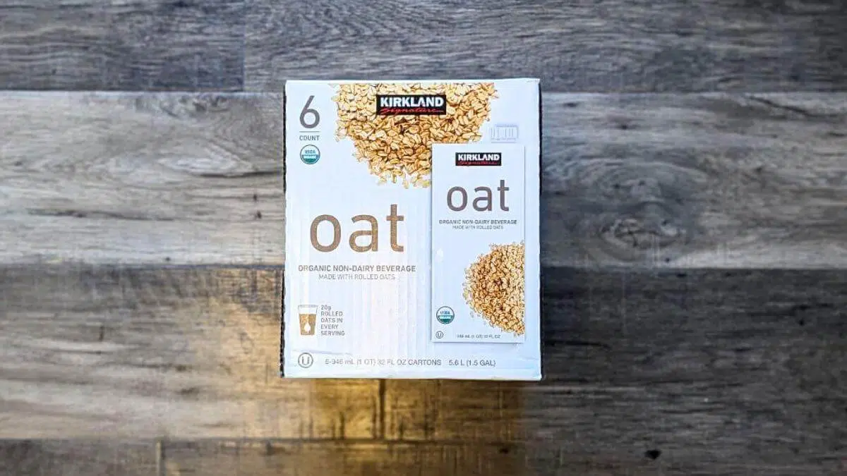 A box of Kirkland Signature oat milk.