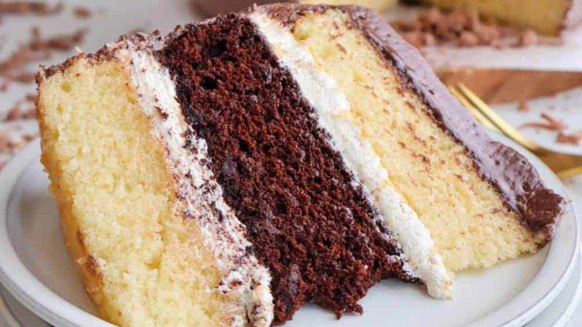 A slice of layered chocolate vanilla cake on a plate.