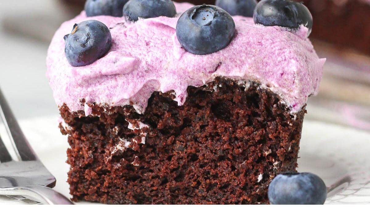 A slice of blueberry chocolate cake on a plate.