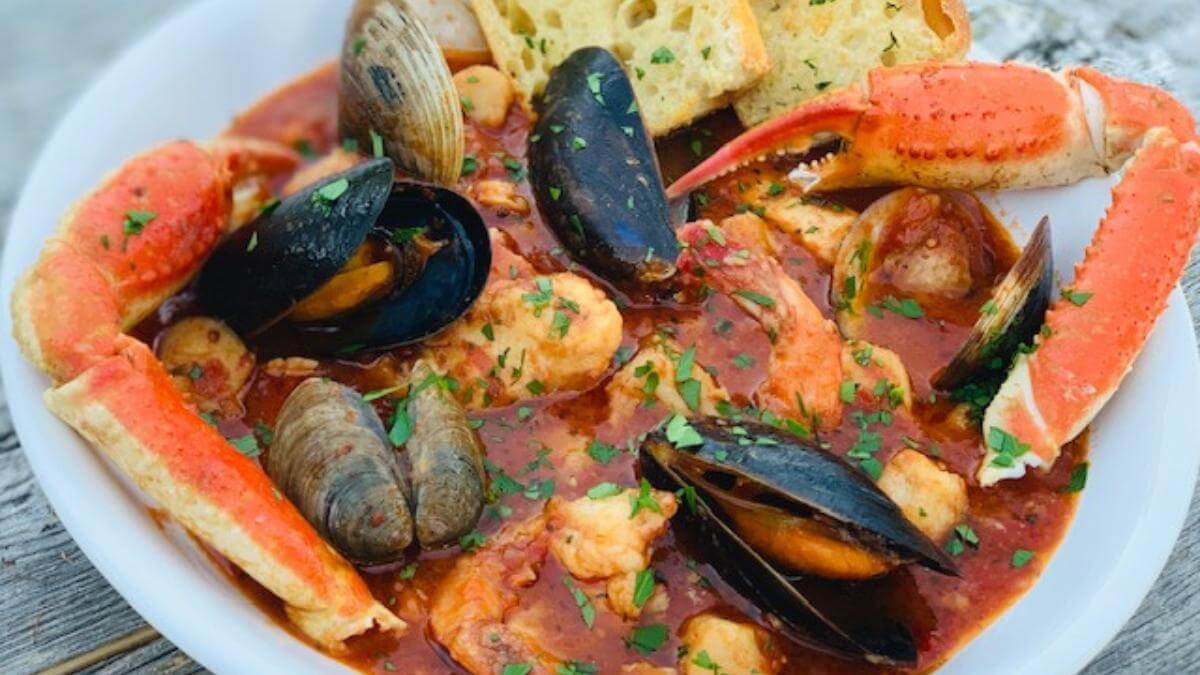 Cioppino stew in a bowl.