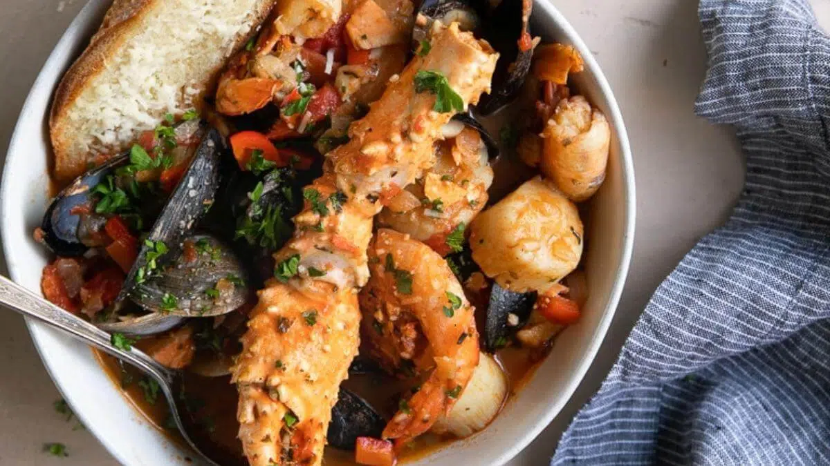 Cioppino stew in a bowl.
