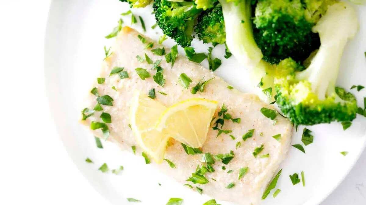 Air fryer halibut on a plate.