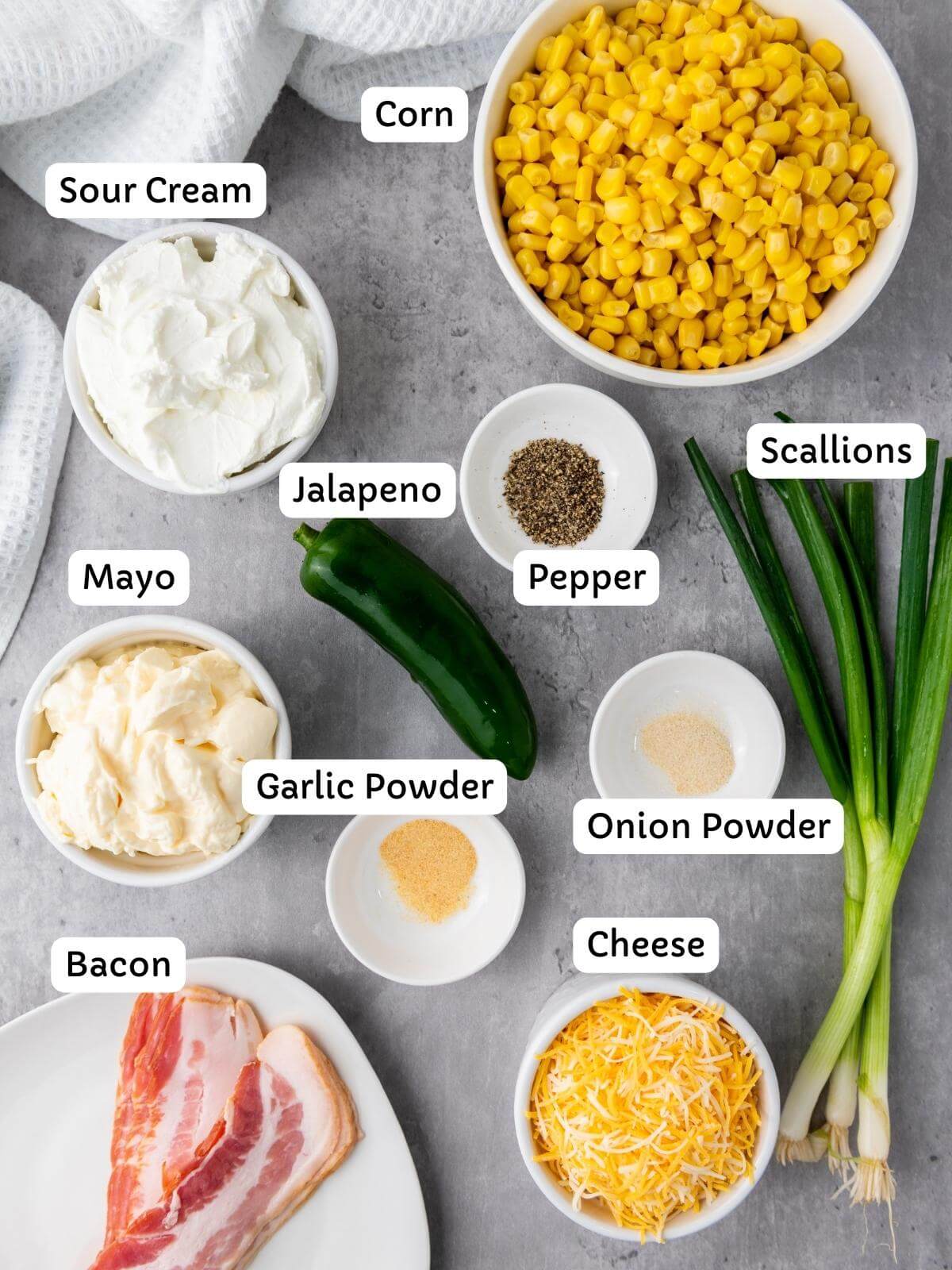 Ingredients for making corn dip that are labeled.