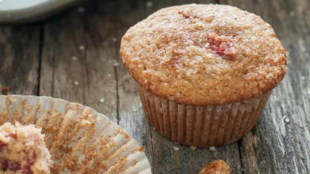 A rhubarb muffin on a table.